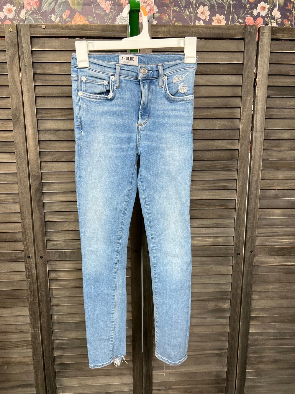 AGOLDE Distressed Light Wash Skinny Crop Jeans Size 24 Mid Rise Designer Denim